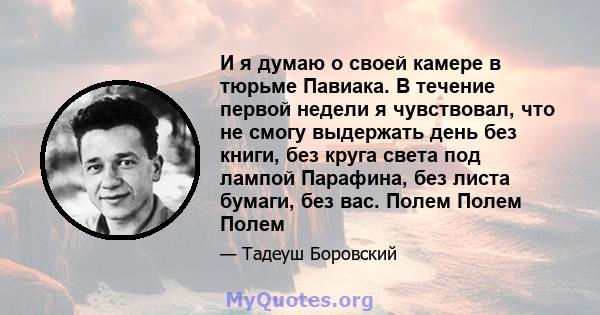 И я думаю о своей камере в тюрьме Павиака. В течение первой недели я чувствовал, что не смогу выдержать день без книги, без круга света под лампой Парафина, без листа бумаги, без вас. Полем Полем Полем