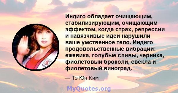 Индиго обладает очищающим, стабилизирующим, очищающим эффектом, когда страх, репрессии и навязчивые идеи нарушили ваше умственное тело. Индиго продовольственные вибрации: ежевика, голубые сливы, черника, фиолетовый