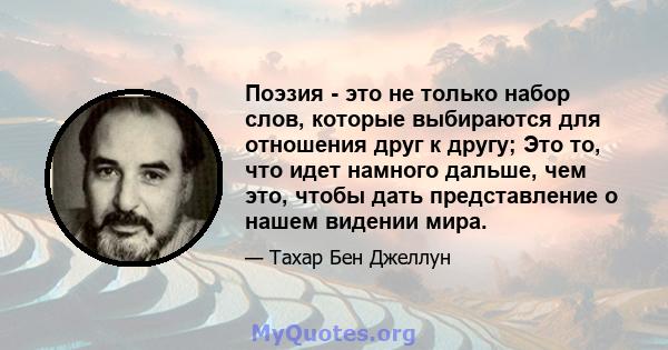 Поэзия - это не только набор слов, которые выбираются для отношения друг к другу; Это то, что идет намного дальше, чем это, чтобы дать представление о нашем видении мира.