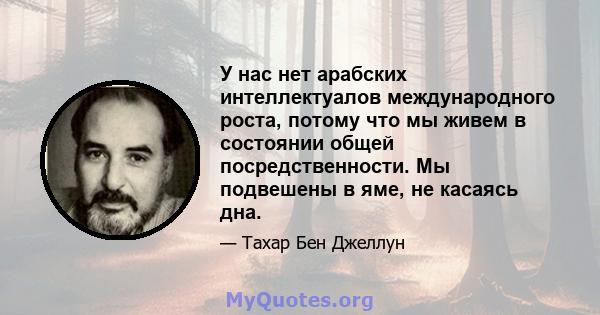 У нас нет арабских интеллектуалов международного роста, потому что мы живем в состоянии общей посредственности. Мы подвешены в яме, не касаясь дна.