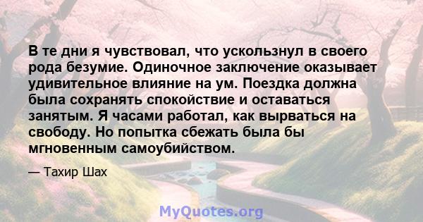 В те дни я чувствовал, что ускользнул в своего рода безумие. Одиночное заключение оказывает удивительное влияние на ум. Поездка должна была сохранять спокойствие и оставаться занятым. Я часами работал, как вырваться на