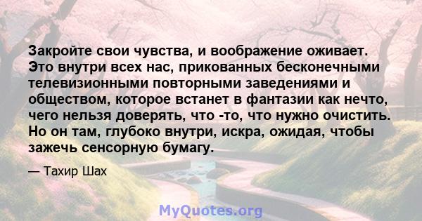 Закройте свои чувства, и воображение оживает. Это внутри всех нас, прикованных бесконечными телевизионными повторными заведениями и обществом, которое встанет в фантазии как нечто, чего нельзя доверять, что -то, что