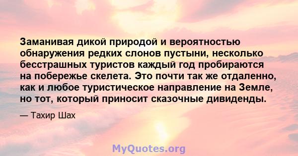 Заманивая дикой природой и вероятностью обнаружения редких слонов пустыни, несколько бесстрашных туристов каждый год пробираются на побережье скелета. Это почти так же отдаленно, как и любое туристическое направление на 