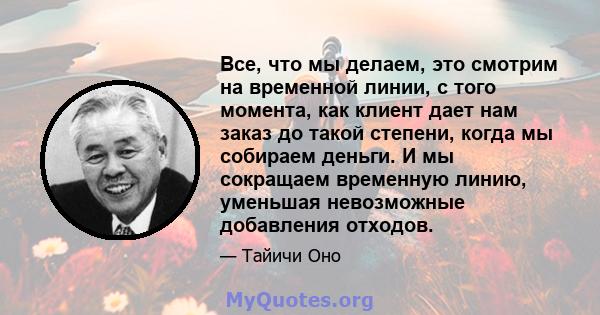 Все, что мы делаем, это смотрим на временной линии, с того момента, как клиент дает нам заказ до такой степени, когда мы собираем деньги. И мы сокращаем временную линию, уменьшая невозможные добавления отходов.