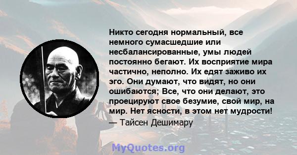 Никто сегодня нормальный, все немного сумасшедшие или несбалансированные, умы людей постоянно бегают. Их восприятие мира частично, неполно. Их едят заживо их эго. Они думают, что видят, но они ошибаются; Все, что они