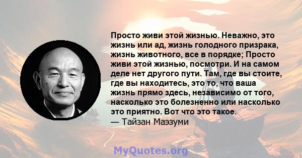 Просто живи этой жизнью. Неважно, это жизнь или ад, жизнь голодного призрака, жизнь животного, все в порядке; Просто живи этой жизнью, посмотри. И на самом деле нет другого пути. Там, где вы стоите, где вы находитесь,