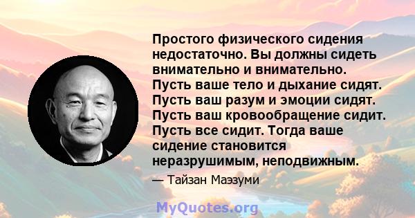 Простого физического сидения недостаточно. Вы должны сидеть внимательно и внимательно. Пусть ваше тело и дыхание сидят. Пусть ваш разум и эмоции сидят. Пусть ваш кровообращение сидит. Пусть все сидит. Тогда ваше сидение 