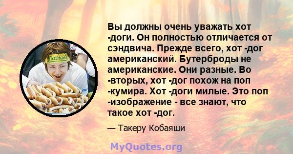 Вы должны очень уважать хот -доги. Он полностью отличается от сэндвича. Прежде всего, хот -дог американский. Бутерброды не американские. Они разные. Во -вторых, хот -дог похож на поп -кумира. Хот -доги милые. Это поп