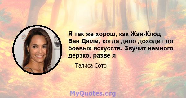 Я так же хорош, как Жан-Клод Ван Дамм, когда дело доходит до боевых искусств. Звучит немного дерзко, разве я