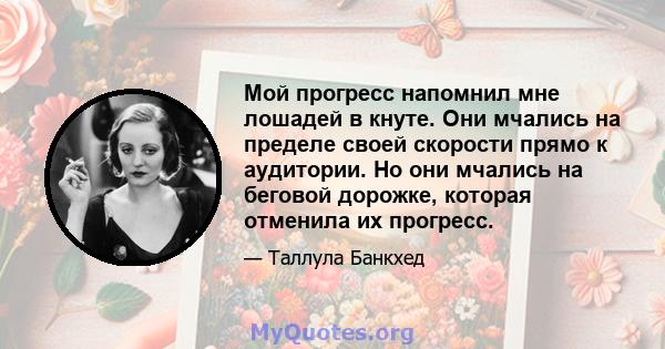 Мой прогресс напомнил мне лошадей в кнуте. Они мчались на пределе своей скорости прямо к аудитории. Но они мчались на беговой дорожке, которая отменила их прогресс.