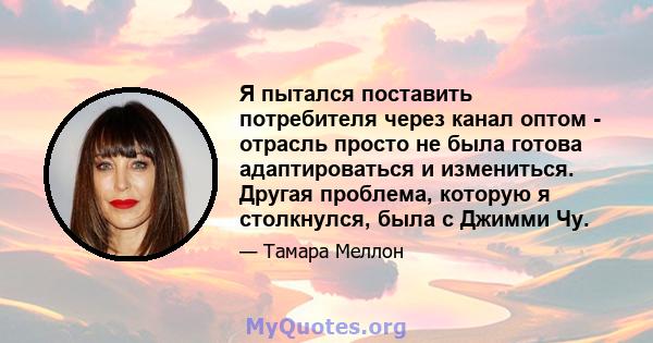 Я пытался поставить потребителя через канал оптом - отрасль просто не была готова адаптироваться и измениться. Другая проблема, которую я столкнулся, была с Джимми Чу.