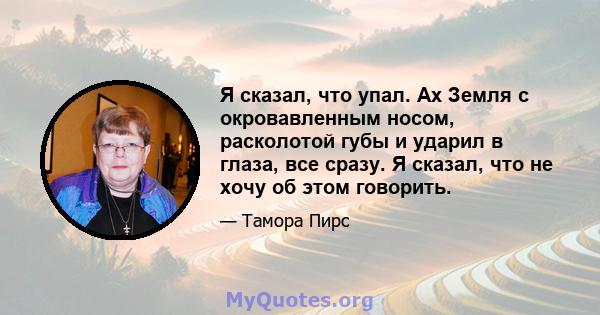 Я сказал, что упал. Ах Земля с окровавленным носом, расколотой губы и ударил в глаза, все сразу. Я сказал, что не хочу об этом говорить.