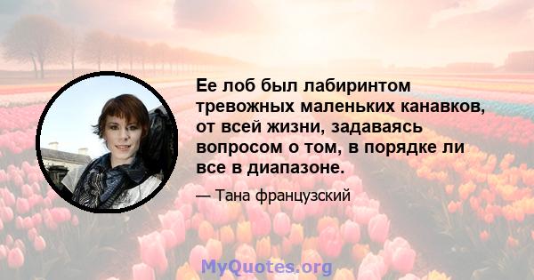 Ее лоб был лабиринтом тревожных маленьких канавков, от всей жизни, задаваясь вопросом о том, в порядке ли все в диапазоне.