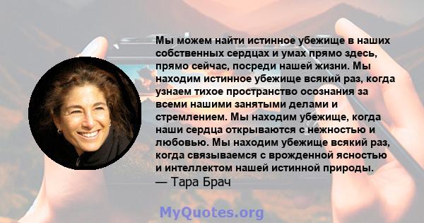 Мы можем найти истинное убежище в наших собственных сердцах и умах прямо здесь, прямо сейчас, посреди нашей жизни. Мы находим истинное убежище всякий раз, когда узнаем тихое пространство осознания за всеми нашими