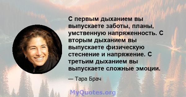 С первым дыханием вы выпускаете заботы, планы, умственную напряженность. С вторым дыханием вы выпускаете физическую стеснение и напряжение. С третьим дыханием вы выпускаете сложные эмоции.