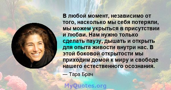 В любой момент, независимо от того, насколько мы себя потеряли, мы можем укрыться в присутствии и любви. Нам нужно только сделать паузу, дышать и открыть для опыта живости внутри нас. В этой боковой открытости мы