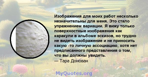 Изображения для моих работ несколько незначительны для меня. Это стало упражнением вариации. Я вижу только поверхностные изображения как каракули в альбоме эскизов, но трудно не видеть изображение и не приносить какую