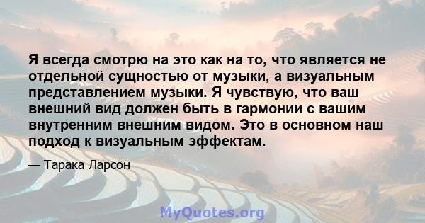 Я всегда смотрю на это как на то, что является не отдельной сущностью от музыки, а визуальным представлением музыки. Я чувствую, что ваш внешний вид должен быть в гармонии с вашим внутренним внешним видом. Это в