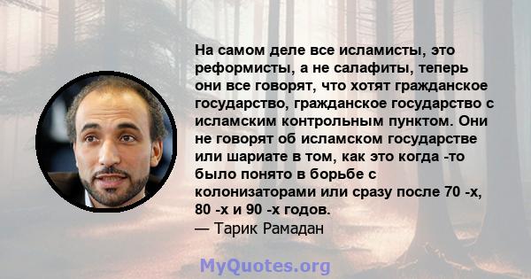 На самом деле все исламисты, это реформисты, а не салафиты, теперь они все говорят, что хотят гражданское государство, гражданское государство с исламским контрольным пунктом. Они не говорят об исламском государстве или 