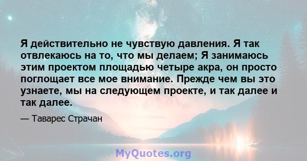 Я действительно не чувствую давления. Я так отвлекаюсь на то, что мы делаем; Я занимаюсь этим проектом площадью четыре акра, он просто поглощает все мое внимание. Прежде чем вы это узнаете, мы на следующем проекте, и