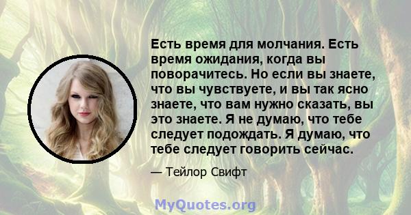 Есть время для молчания. Есть время ожидания, когда вы поворачитесь. Но если вы знаете, что вы чувствуете, и вы так ясно знаете, что вам нужно сказать, вы это знаете. Я не думаю, что тебе следует подождать. Я думаю, что 