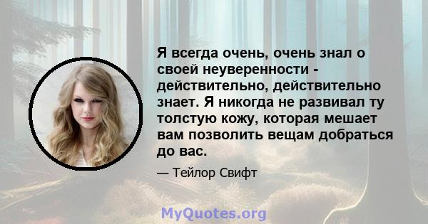 Я всегда очень, очень знал о своей неуверенности - действительно, действительно знает. Я никогда не развивал ту толстую кожу, которая мешает вам позволить вещам добраться до вас.