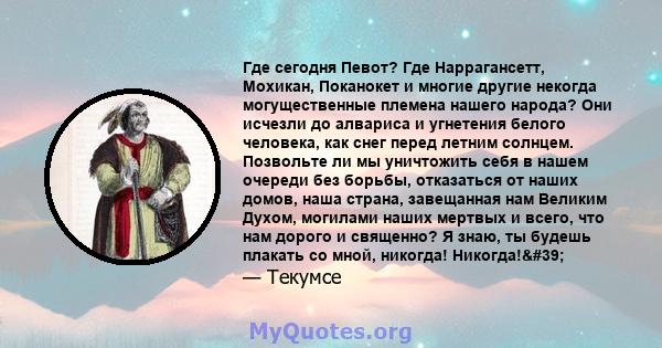 Где сегодня Певот? Где Наррагансетт, Мохикан, Поканокет и многие другие некогда могущественные племена нашего народа? Они исчезли до алвариса и угнетения белого человека, как снег перед летним солнцем. Позвольте ли мы