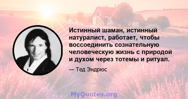 Истинный шаман, истинный натуралист, работает, чтобы воссоединить сознательную человеческую жизнь с природой и духом через тотемы и ритуал.