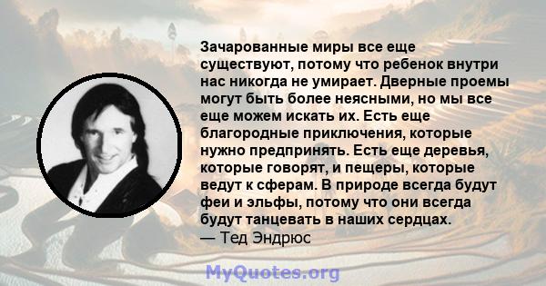 Зачарованные миры все еще существуют, потому что ребенок внутри нас никогда не умирает. Дверные проемы могут быть более неясными, но мы все еще можем искать их. Есть еще благородные приключения, которые нужно