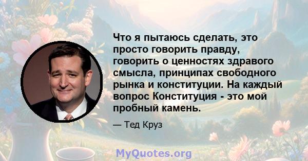 Что я пытаюсь сделать, это просто говорить правду, говорить о ценностях здравого смысла, принципах свободного рынка и конституции. На каждый вопрос Конституция - это мой пробный камень.