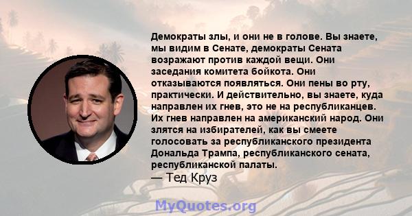 Демократы злы, и они не в голове. Вы знаете, мы видим в Сенате, демократы Сената возражают против каждой вещи. Они заседания комитета бойкота. Они отказываются появляться. Они пены во рту, практически. И действительно,