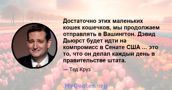 Достаточно этих маленьких кошек кошечков, мы продолжаем отправлять в Вашингтон. Дэвид Дьюрст будет идти на компромисс в Сенате США ... это то, что он делал каждый день в правительстве штата.