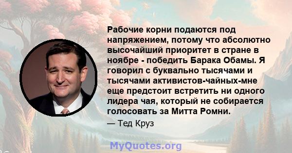 Рабочие корни подаются под напряжением, потому что абсолютно высочайший приоритет в стране в ноябре - победить Барака Обамы. Я говорил с буквально тысячами и тысячами активистов-чайных-мне еще предстоит встретить ни