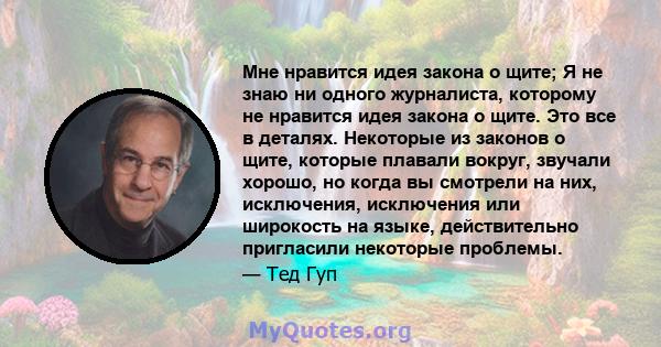 Мне нравится идея закона о щите; Я не знаю ни одного журналиста, которому не нравится идея закона о щите. Это все в деталях. Некоторые из законов о щите, которые плавали вокруг, звучали хорошо, но когда вы смотрели на