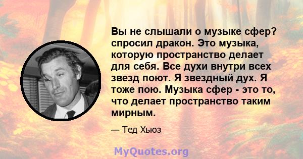 Вы не слышали о музыке сфер? спросил дракон. Это музыка, которую пространство делает для себя. Все духи внутри всех звезд поют. Я звездный дух. Я тоже пою. Музыка сфер - это то, что делает пространство таким мирным.