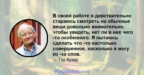 В своей работе я действительно стараюсь смотреть на обычные вещи довольно внимательно, чтобы увидеть, нет ли в них чего -то особенного. Я пытаюсь сделать что -то настолько совершенное, насколько я могу из -за слов.