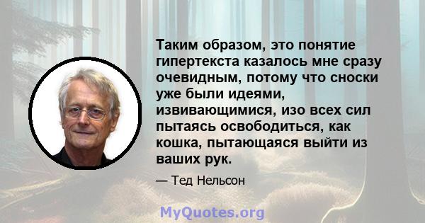 Таким образом, это понятие гипертекста казалось мне сразу очевидным, потому что сноски уже были идеями, извивающимися, изо всех сил пытаясь освободиться, как кошка, пытающаяся выйти из ваших рук.