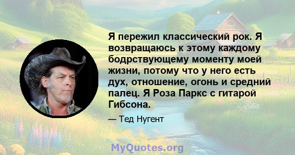 Я пережил классический рок. Я возвращаюсь к этому каждому бодрствующему моменту моей жизни, потому что у него есть дух, отношение, огонь и средний палец. Я Роза Паркс с гитарой Гибсона.