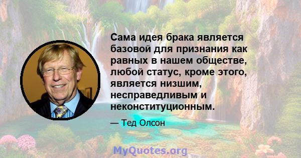 Сама идея брака является базовой для признания как равных в нашем обществе, любой статус, кроме этого, является низшим, несправедливым и неконституционным.