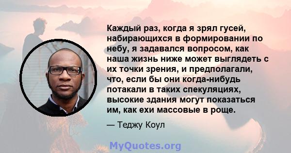 Каждый раз, когда я зрял гусей, набирающихся в формировании по небу, я задавался вопросом, как наша жизнь ниже может выглядеть с их точки зрения, и предполагали, что, если бы они когда-нибудь потакали в таких