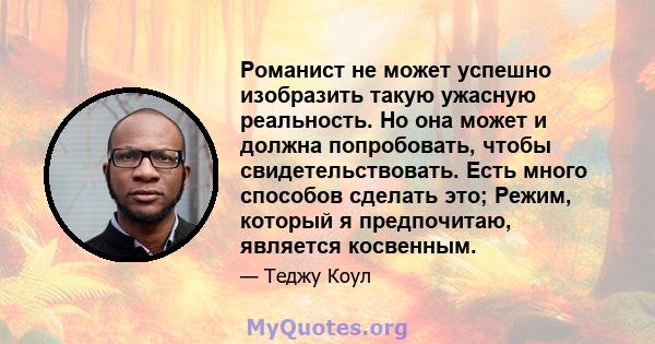 Романист не может успешно изобразить такую ​​ужасную реальность. Но она может и должна попробовать, чтобы свидетельствовать. Есть много способов сделать это; Режим, который я предпочитаю, является косвенным.