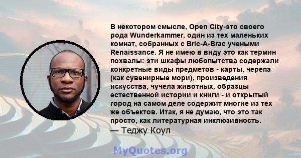 В некотором смысле, Open City-это своего рода Wunderkammer, один из тех маленьких комнат, собранных с Bric-A-Brac учеными Renaissance. Я не имею в виду это как термин похвалы: эти шкафы любопытства содержали конкретные