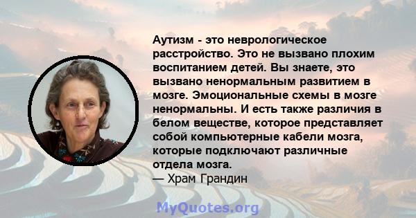 Аутизм - это неврологическое расстройство. Это не вызвано плохим воспитанием детей. Вы знаете, это вызвано ненормальным развитием в мозге. Эмоциональные схемы в мозге ненормальны. И есть также различия в белом веществе, 