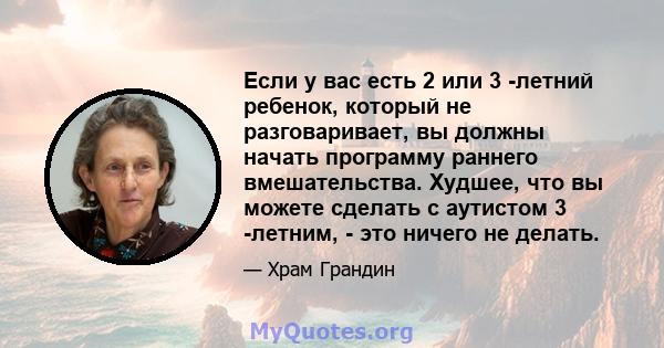 Если у вас есть 2 или 3 -летний ребенок, который не разговаривает, вы должны начать программу раннего вмешательства. Худшее, что вы можете сделать с аутистом 3 -летним, - это ничего не делать.