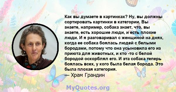 Как вы думаете в картинках? Ну, вы должны сортировать картинки в категории. Вы знаете, например, собака знает, что, вы знаете, есть хорошие люди, и есть плохие люди. И я разговаривал с женщиной на днях, когда ее собака