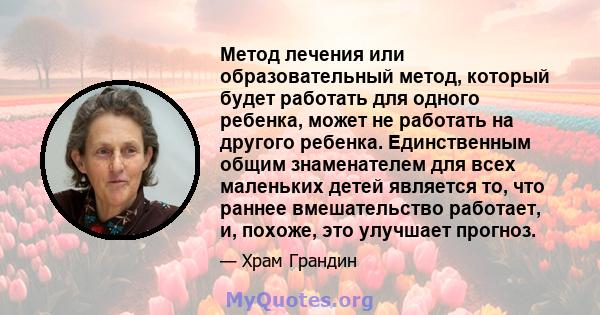 Метод лечения или образовательный метод, который будет работать для одного ребенка, может не работать на другого ребенка. Единственным общим знаменателем для всех маленьких детей является то, что раннее вмешательство