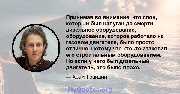 Принимая во внимание, что слон, который был напуган до смерти, дизельное оборудование, оборудование, которое работало на газовом двигателе, было просто отлично. Потому что кто -то атаковал его строительным