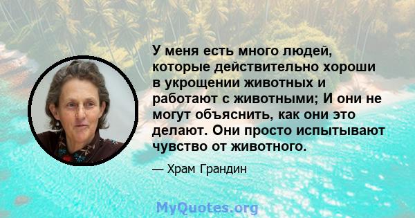 У меня есть много людей, которые действительно хороши в укрощении животных и работают с животными; И они не могут объяснить, как они это делают. Они просто испытывают чувство от животного.