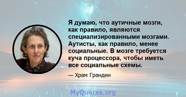 Я думаю, что аутичные мозги, как правило, являются специализированными мозгами. Аутисты, как правило, менее социальные. В мозге требуется куча процессора, чтобы иметь все социальные схемы.