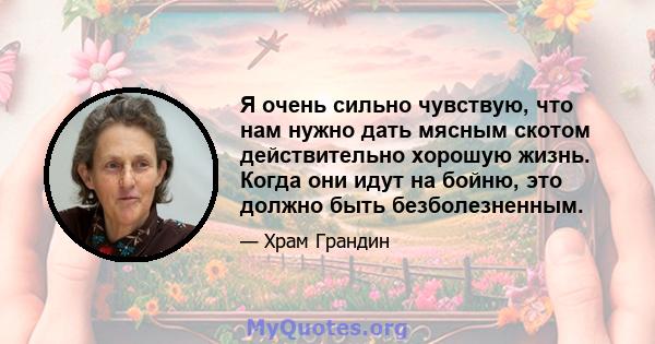 Я очень сильно чувствую, что нам нужно дать мясным скотом действительно хорошую жизнь. Когда они идут на бойню, это должно быть безболезненным.